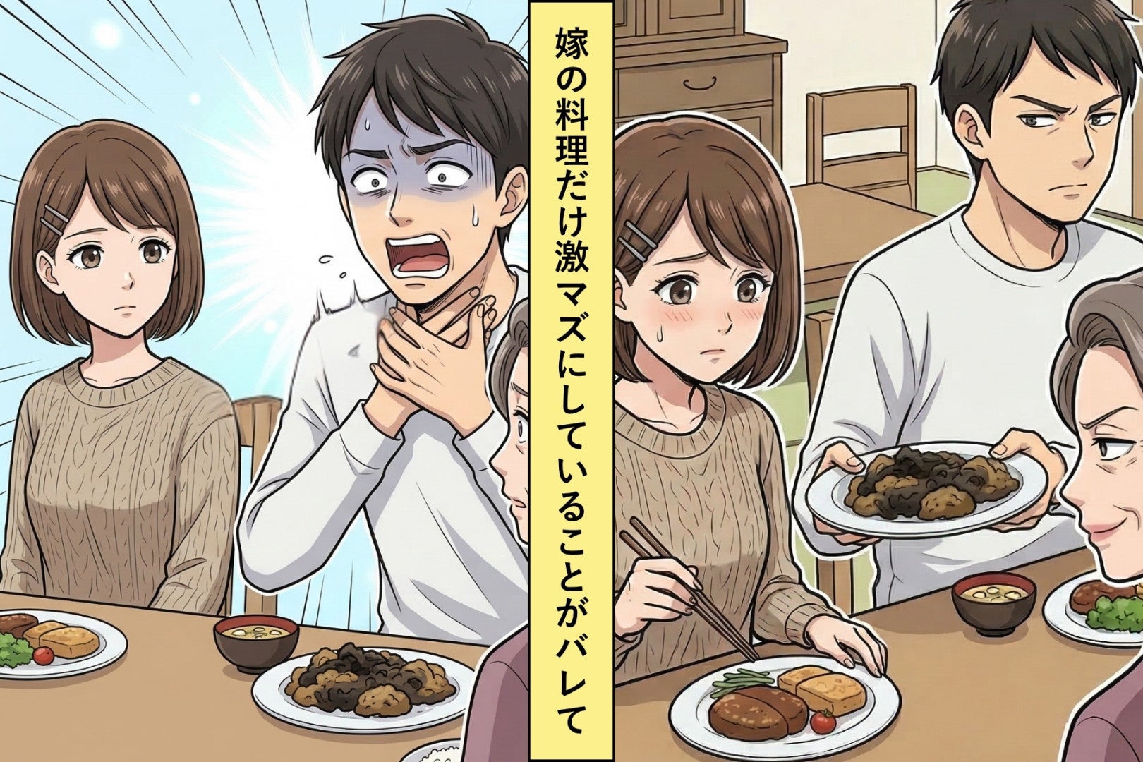 息子夫婦の食事中に息子が嫁のお皿と交換→一口食べた息子の表情を見て私は全身が固まるような感覚を覚えた