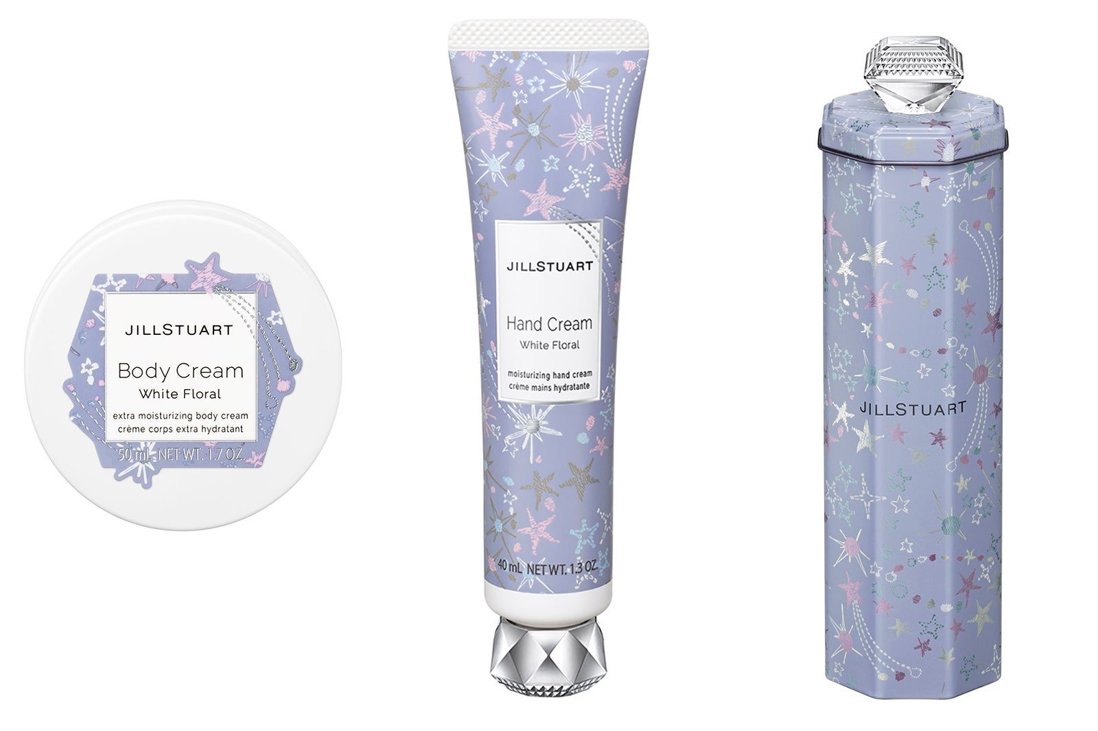 「ドリーミースターズギフト ボディクリーム＆ハンドクリーム ホワイトフローラル」（左から）「ボディクリーム」、「ハンドクリーム」、「ギフトボックス」（C）JILL STUART Beauty