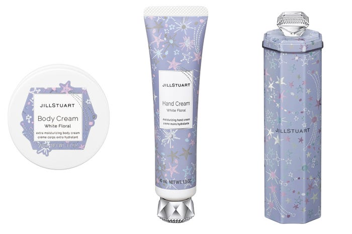 「ドリーミースターズギフト ボディクリーム&ハンドクリーム ホワイトフローラル」(左から)「ボディクリーム」、「ハンドクリーム」、「ギフトボックス」(C)JILL STUART Beauty