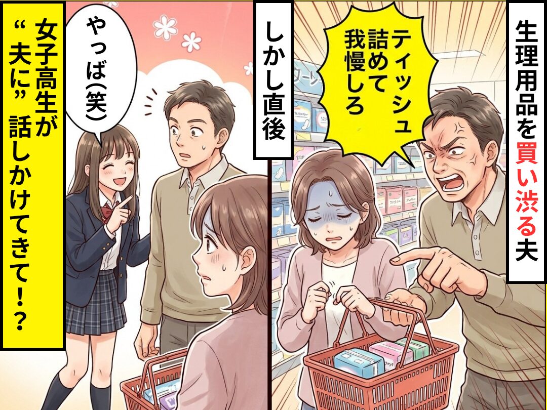 「ティッシュ詰めて我慢しろ」生理用品を買い渋る夫！しかし「やっば（笑）」⇒直後、女子高生が“夫に”話しかけたワケ