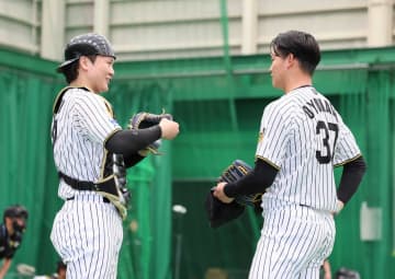 相思相愛の阪神・及川と伏見 タカ打線対策へタッグ初投球練習 伏見「捕ってみて面白かった」