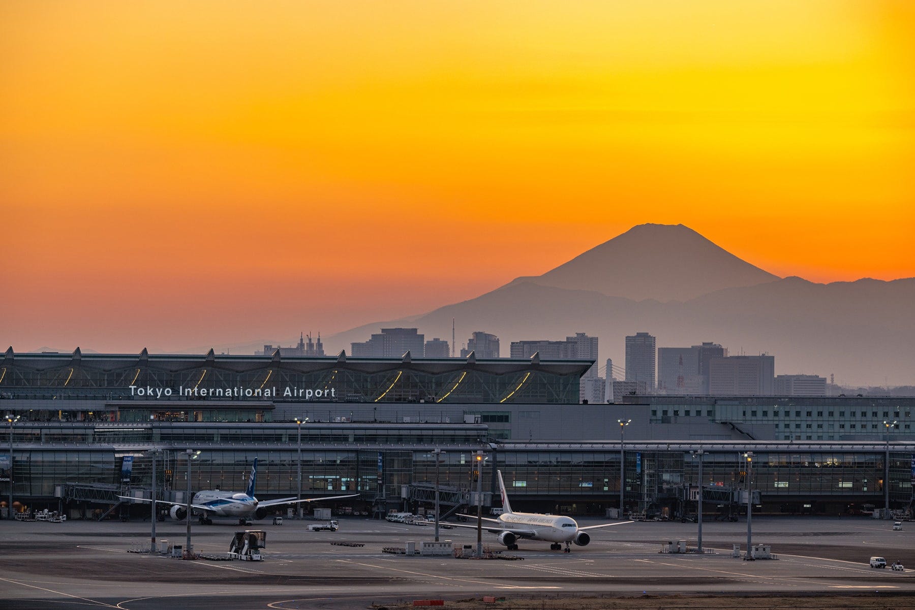 第1ターミナルから見える夕方の富士山と飛行機