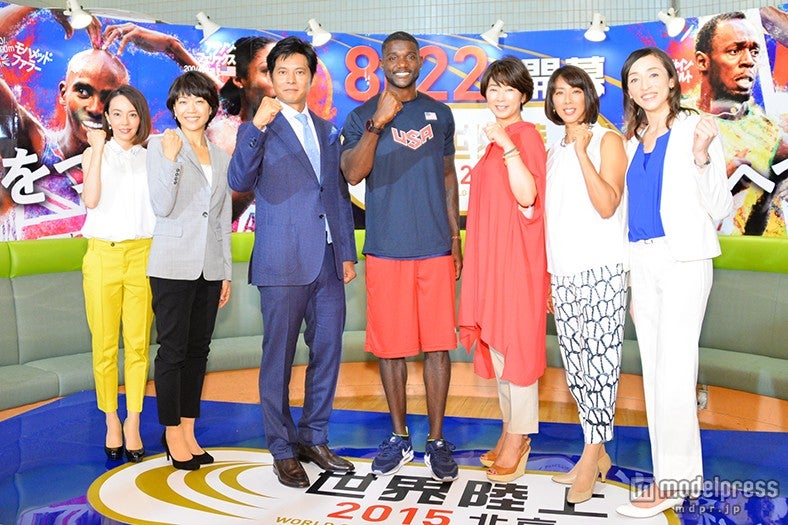 （左から）千葉真子、高橋尚子、織田裕二、ジャスティン・ガトリン選手、中井美穂、小谷実可子、室伏由佳