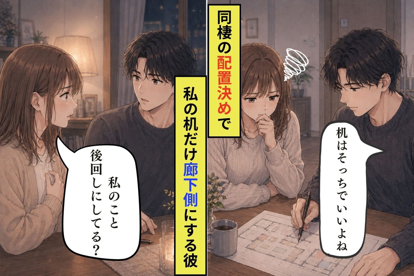 同棲の配置図で「机はそっちでいいよね」と、私の机だけ廊下側に決められた