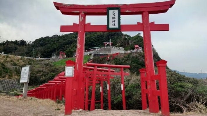 岩場からの千本鳥居。元乃隅神社が山の中腹にあることがよくわかります(2022年3月撮影)