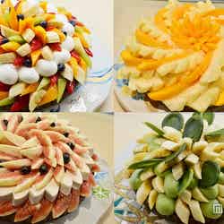 (左上より時計回り)「フルーツほうじ茶ティラミス」、「石垣島「ピーチパイン」とマンゴーの祇園「原了郭」粉山椒のタルト」、「「雲の上のバナナ」と「祇園辻利」抹茶のタルト」、「愛知県産いちじく「桝井ドーフィン」と京都丹波産 黒豆「新丹波黒のタルト」」