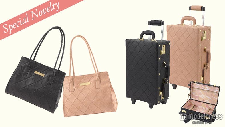 7周年フェアで手に入れる事が出来るノベルティ・キルティング型押しトートバッグ(税込18000円以上の購入でプレゼント)、キルティング型押しキャリーバッグ(税込40000円以上の購入でプレゼント)、