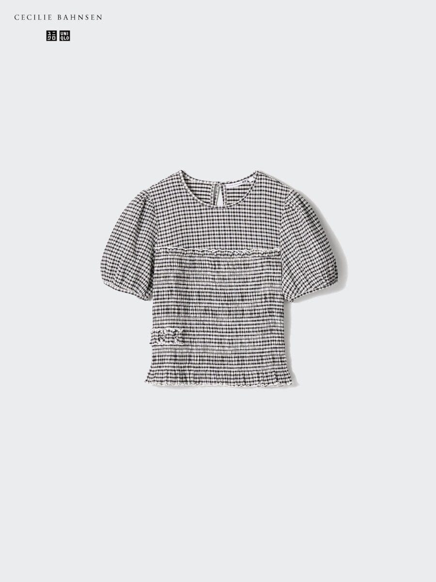 黒白ギンガムチェックのシャーリングボリュームスリーブTシャツ