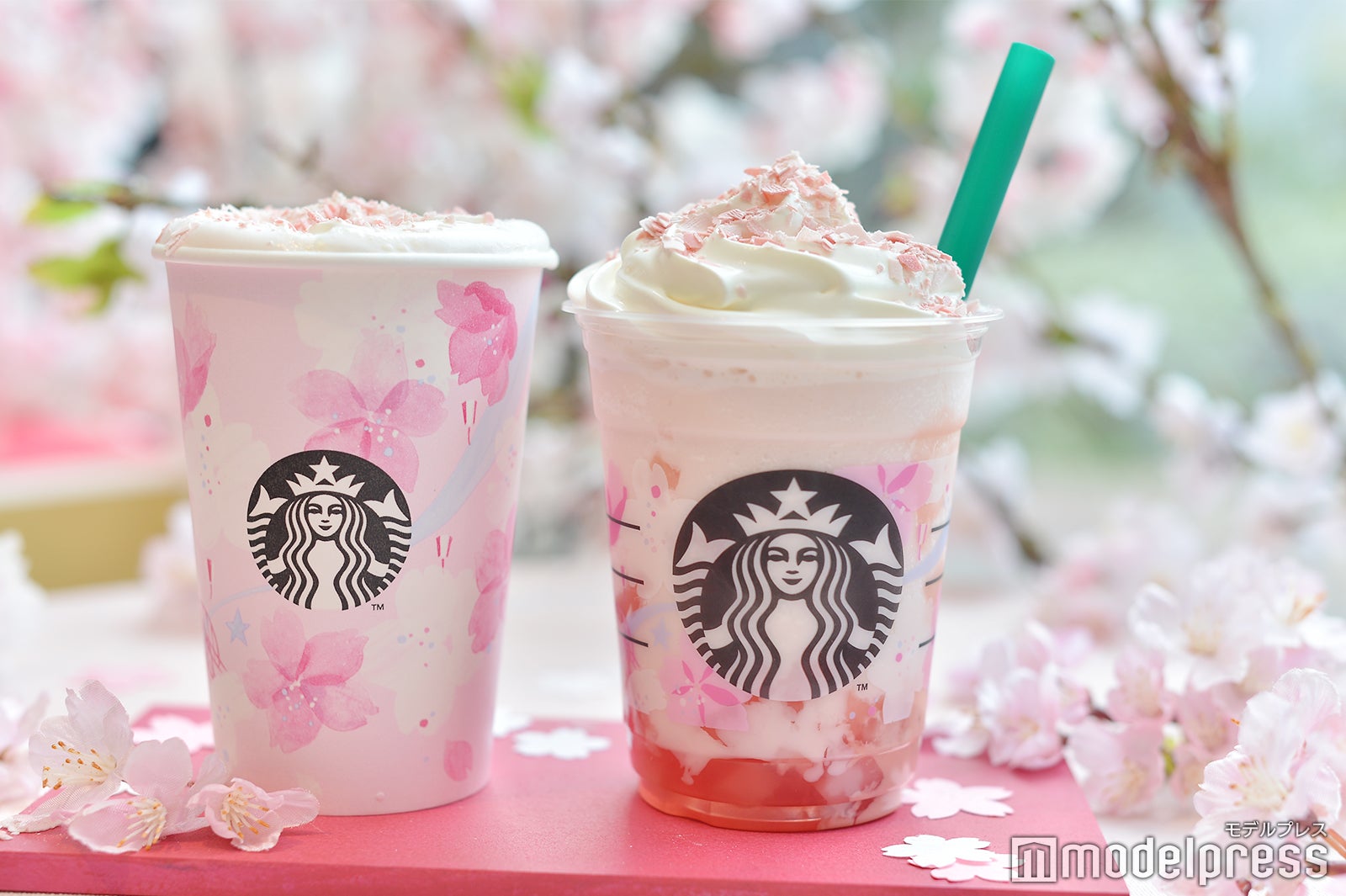 （左から）さくらフル ミルク ラテ、さくらフル フラペチーノ （C）モデルプレス