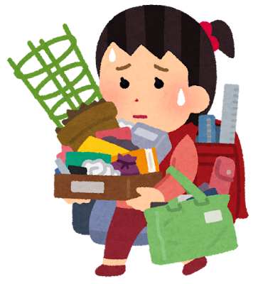 学期末に沢山の荷物を持ち帰る小学生のイラスト(女の子)