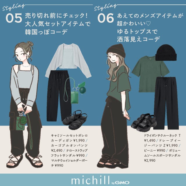 GU　着こなしパターン　6種　たむ　イラスト　韓国っぽコーデ　洒落見えコーデ