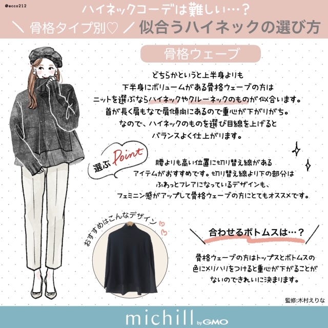 骨格タイプ別　ハイネック　一番似合う　EccO　イラスト　骨格ウェーブ