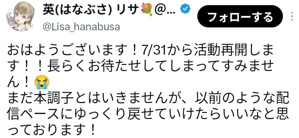 活動休止中のVTuber・英リサが活動再開を発表！