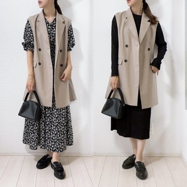 GU　オーバーサイズダブルブレストベスト　ワンピース　コーデ