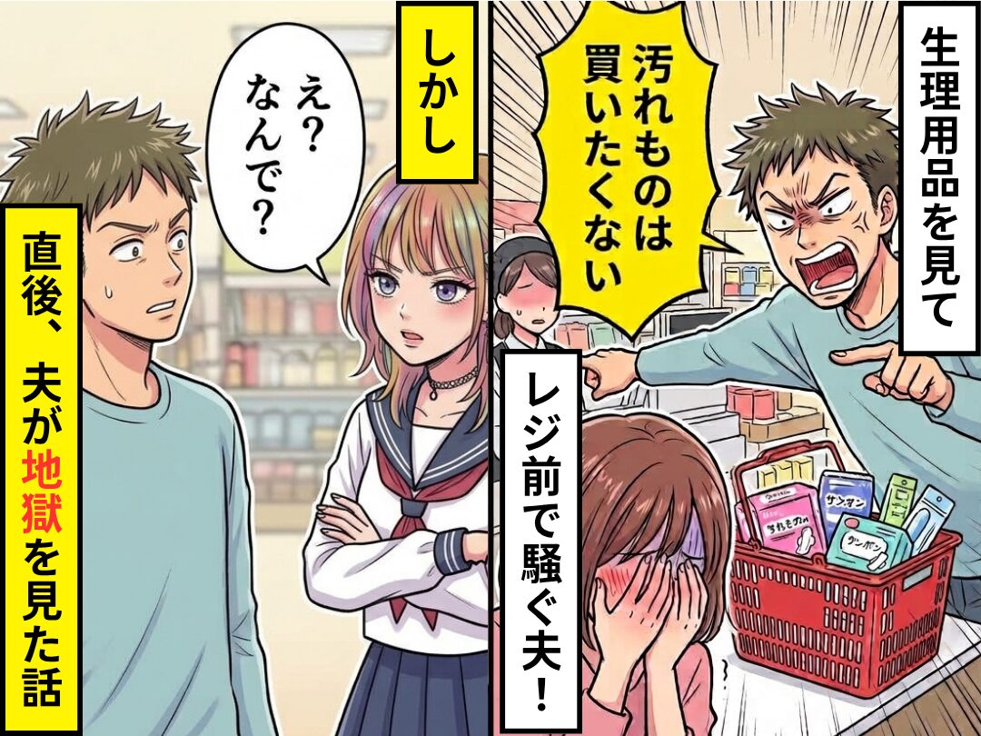 生理用品を見て「汚れものは買いたくない」レジ前で騒ぐ夫！しかし「え？なんで？」⇒直後、夫が地獄を見た話