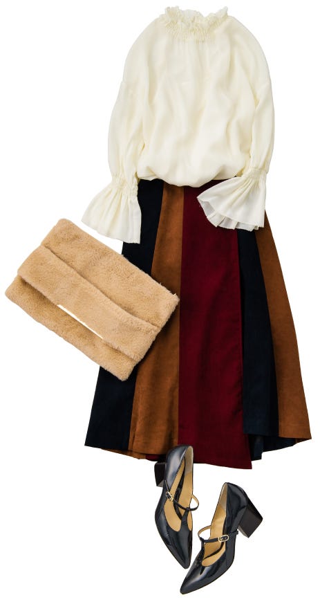 スエードスカート¥11,000/REDYAZEL(レディアゼル ルミネエスト新宿店) シフォンブラウス(キャミソール付き)¥8,750/リリディア(リリディア プランタン銀座店) ファークラッチバッグ¥6,900/ル ベルニ(キャセリーニ) ストラップパンプス¥21,000/ダニエラ タム(ダニエラ&ジェマ神宮前本店)(C)TOPLOG