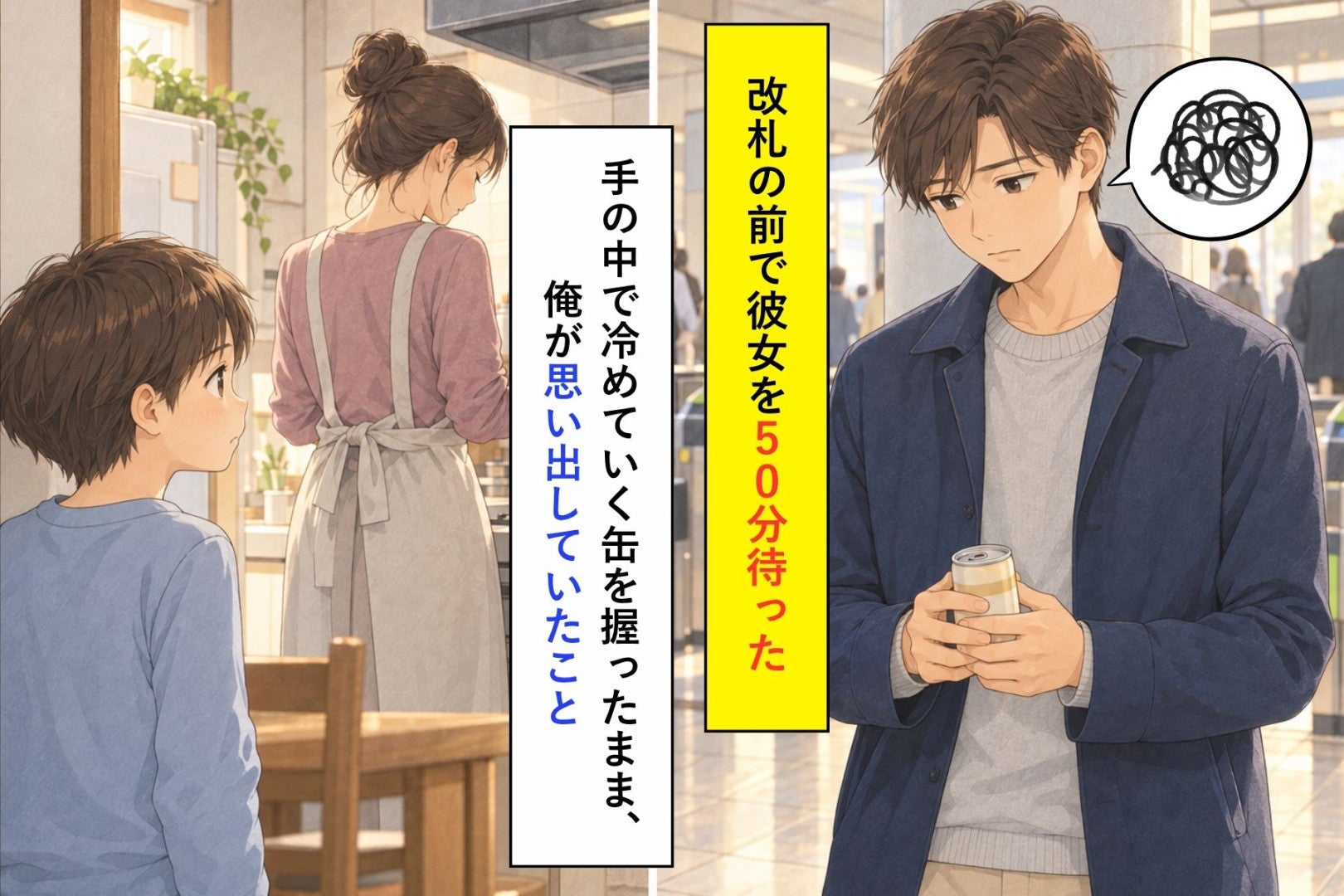 改札の前で彼女を５０分待った。手の中で冷めていく缶を握ったまま、俺が思い出していたこと
