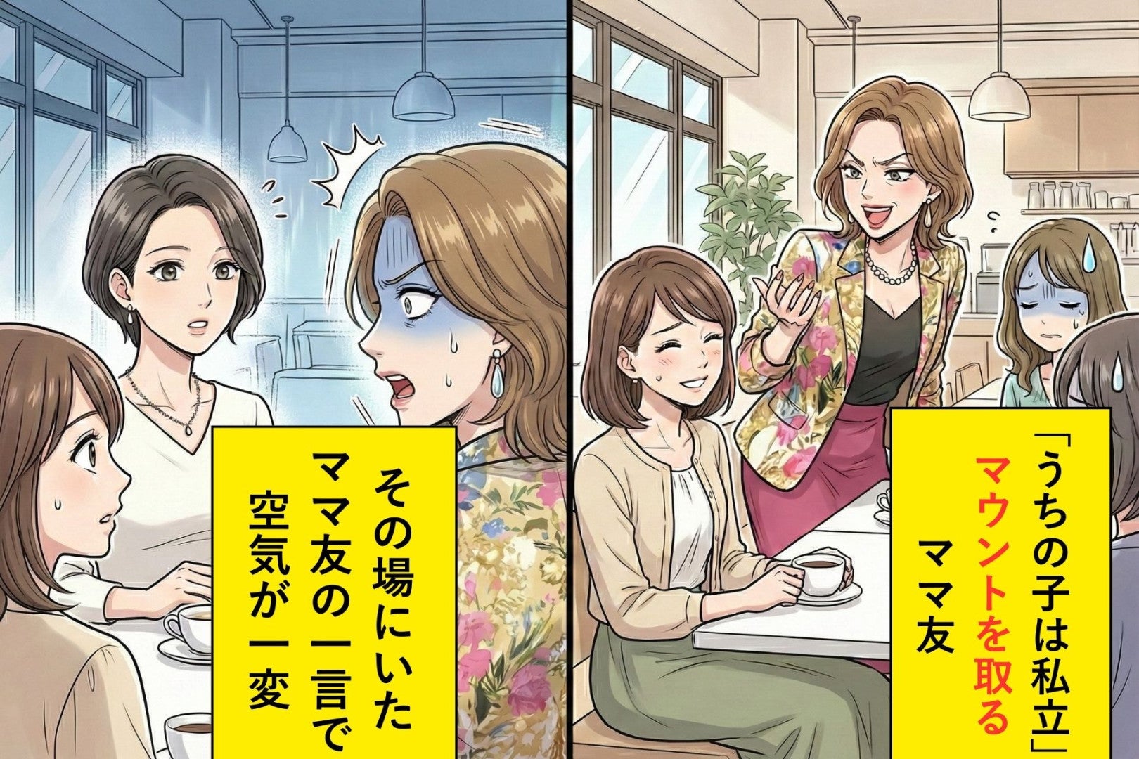 「うちの子、有名校に受かったの！」と自慢するママ友→向かいのママの一言で、空気が一変して...