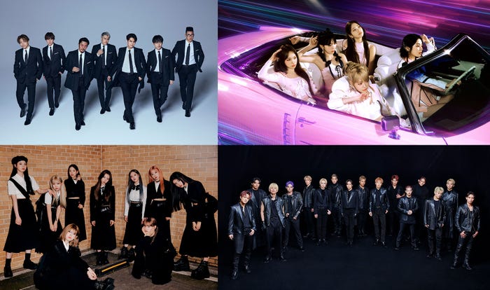 (左上から時計回り)GENERATIONS、LE SSERAFIM(P)&(C) SOURCE MUSIC、新しい学校のリーダーズ、NiziU(提供写真)