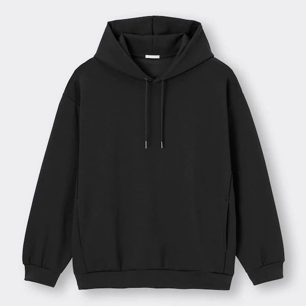 GU　メンズアイテム　オールブラック　ハンサムコーデ　細見え　EccO　イラスト　ダブルフェイスビッグプルパーカ