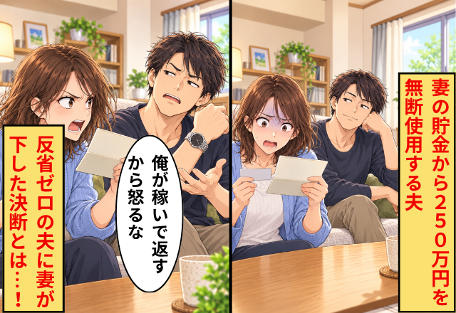 妻の貯金から【250万円】を無断使用する夫「俺が稼いで返すから怒るな」反省ゼロの夫に妻が下した決断とは…！