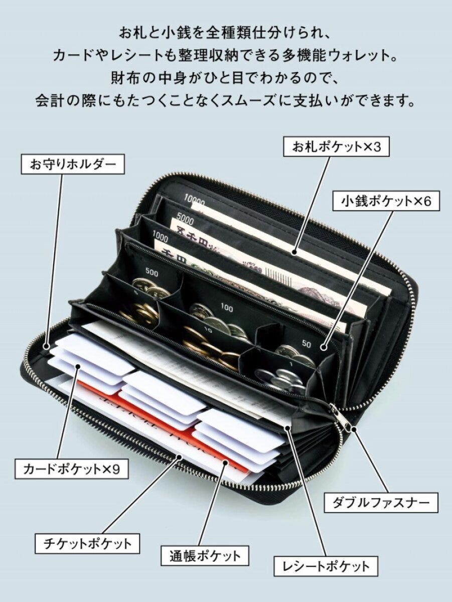 JAM 開いた黒い財布の内部を示した図解。お札ポケット×3・小銭ポケット×6・カードポケット×9・通帳ポケット・レシートポケット・お守りホルダー・ダブルファスナーを吹き出しで説明