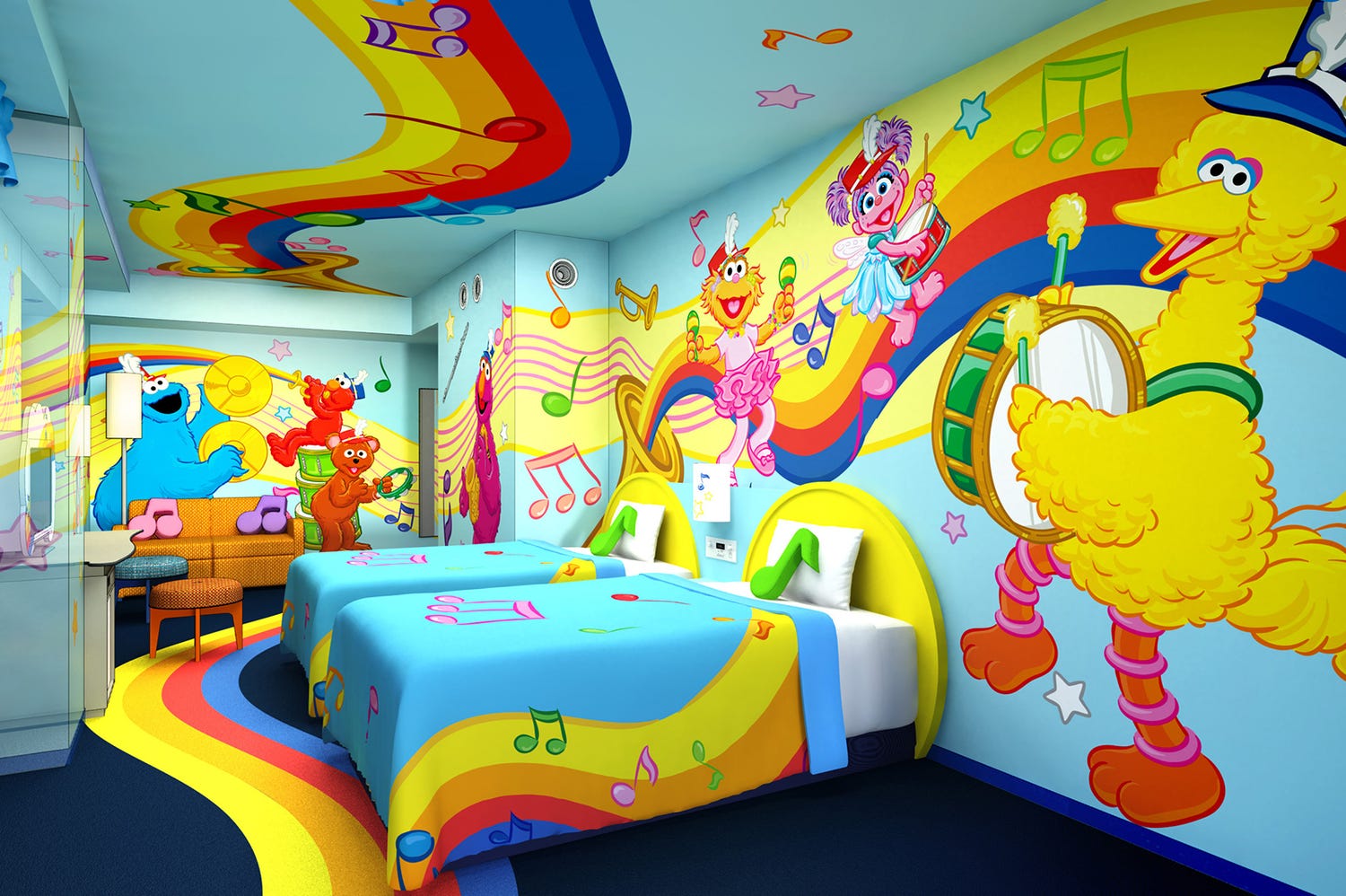 USJオフィシャルホテル、セサミストリートの新フロア誕生 エルモやモッピーらのカラフルな新客室も