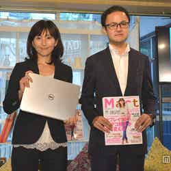 コードレスパソコンの新製品「Inspiron 14 7000 シリーズ」発表イベントに出席した（左から）塚本陽子氏、西口徹副編集長