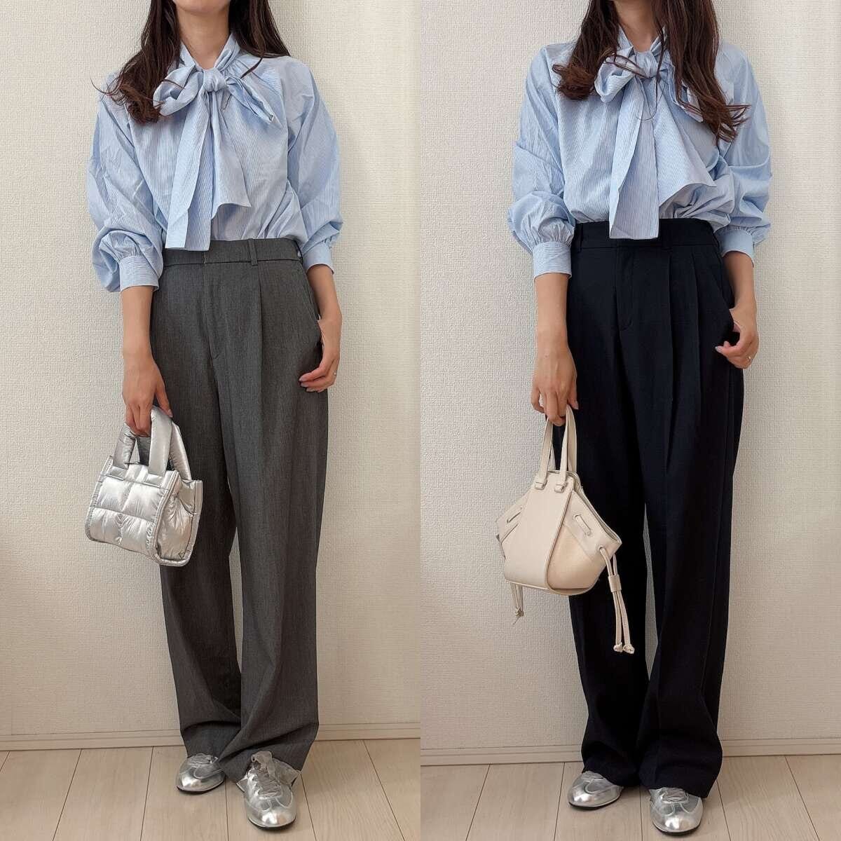 ユニクロGUタックワイドパンツ比較　ボウタイブラウス