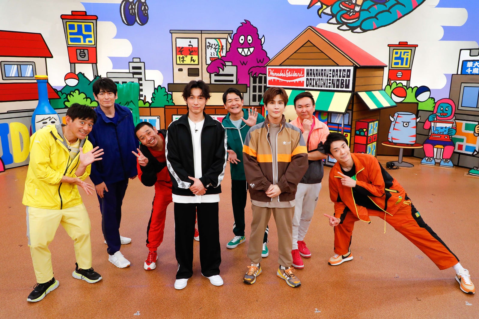 （左から）博多華丸・大吉（博多華丸、博多大吉）、大悟、ディーン・フジオカ、ノブ、岩田剛典、かまいたち（山内健司、濱家隆一）（C）カンテレ