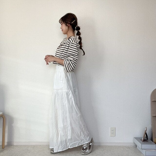 しまむら ボーダーカーディガン コーデ しまむら ボーダーカーディガン コーデ ロングスカート 白