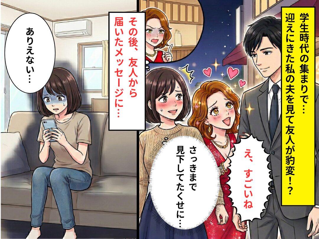 同窓会で…学生時代から見下してくる友人「相変わらず地味ね（笑）」しかし⇒私の夫を見た瞬間、態度が一変したワケ！？