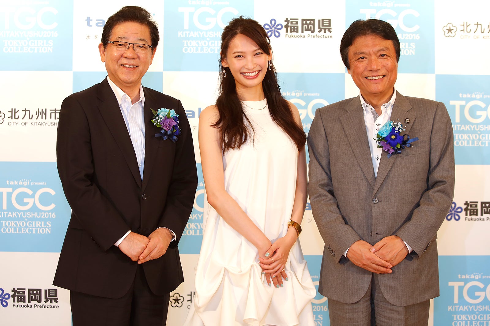 北橋健治北九州市長、大政絢、小川洋福岡県知事／記者発表会より（C）takagi presents TGC KITAKYUSHU 2016