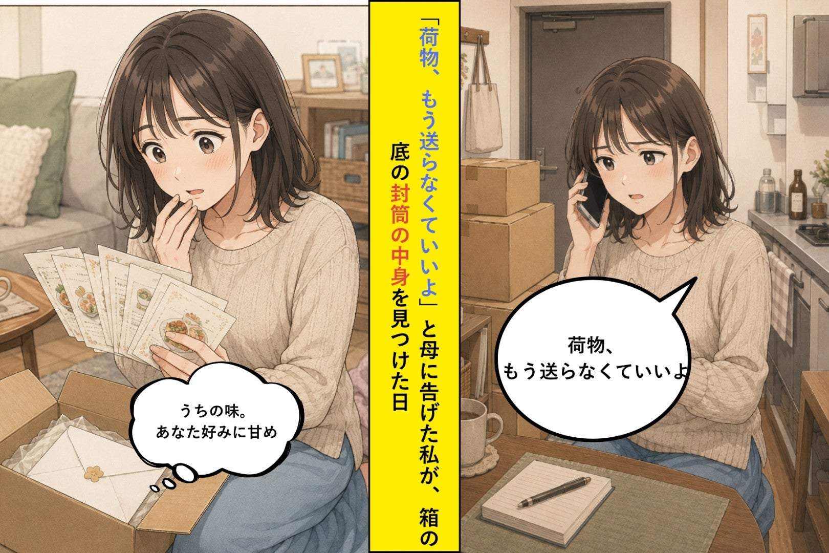 「荷物、もう送らなくていいよ」と母に告げた私が、箱の底の封筒の中身を見つけた日