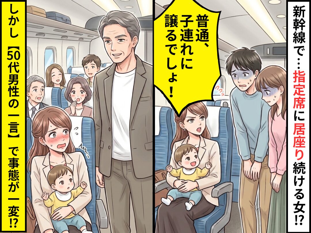 新幹線で…「普通、子連れに譲るでしょ！」指定席に居座り続ける女！？しかし⇒【50代男性の一言】で事態が一変！？