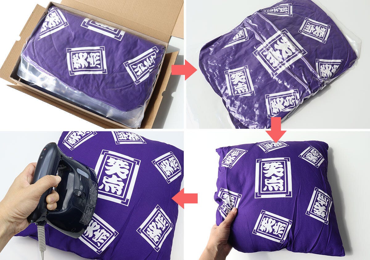 圧縮状態のクッションを箱から取り出し袋から出してアイロンをかけるまでの手順写真