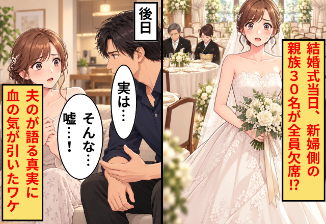 結婚式当日、私側の親族30名がまさかの全員欠席…！？後日⇒夫の口から語られた“真実”に「そんな…嘘…！」