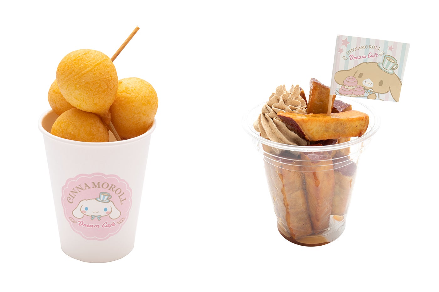 チーズドッグカップ500円、カプチーノのコーヒークリームさつまいもスティック450円（C）2019 SANRIO CO．，LTD．