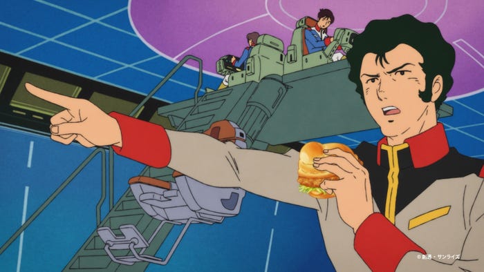 チキンタツタ「機動戦士ガンダム 無敵のバーガー」篇CMカット(提供写真)