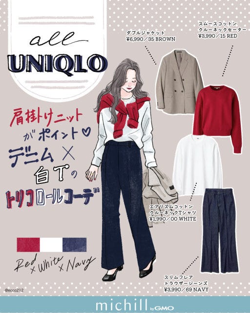 赤ニットを肩掛けしてつくるトリコロールコーデ 2025秋冬オールユニクロ赤赤ニットを肩掛けしてつくるトリコロールコーデ