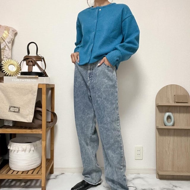 しまむら　ニット　ブルー　コーデ　ジャケット風