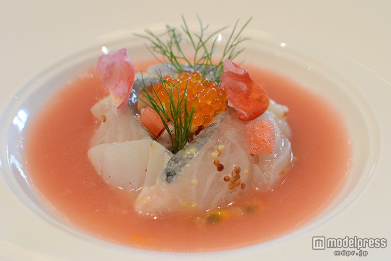 アオリイカとシマアジのマリネサラダ マスタードドレッシング スイカのガスパチョと共に