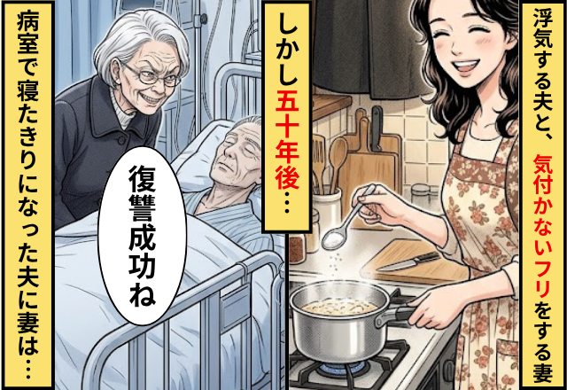 浮気する夫と気付かないフリをする妻！50年後⇒病室で寝たきりになった夫に…妻「復讐成功ね」