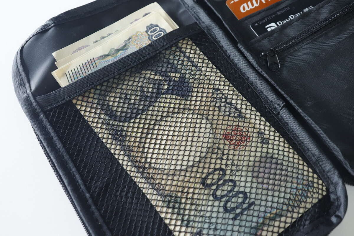 ウォレットショルダーバッグのお札入れに千円札が数枚入っている様子