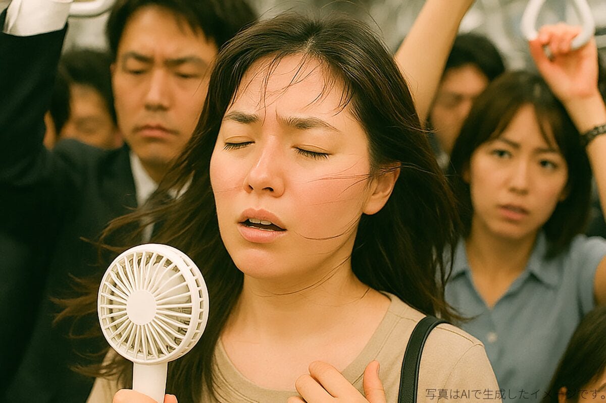 満員電車でハンディファンを使う女性