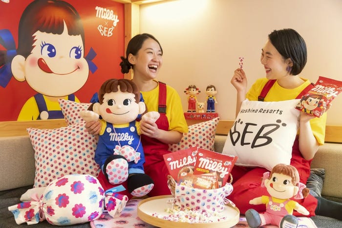 「星野リゾート BEB」不二家ミルキーとコラボ、甘く可愛い特別ルームに宿泊&ペコちゃんコーデ体験