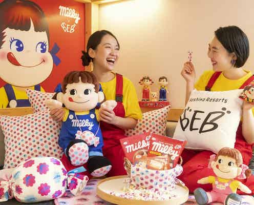 「星野リゾート BEB」不二家ミルキーとコラボ、甘く可愛い特別ルームに宿泊&ペコちゃんコーデ体験