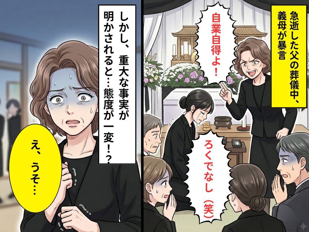 急逝した父の葬儀中「ろくでなしだった！自業自得（笑）」義母が暴言！？しかし⇒重大な事実が明かされ…義母「え、うそ…」
