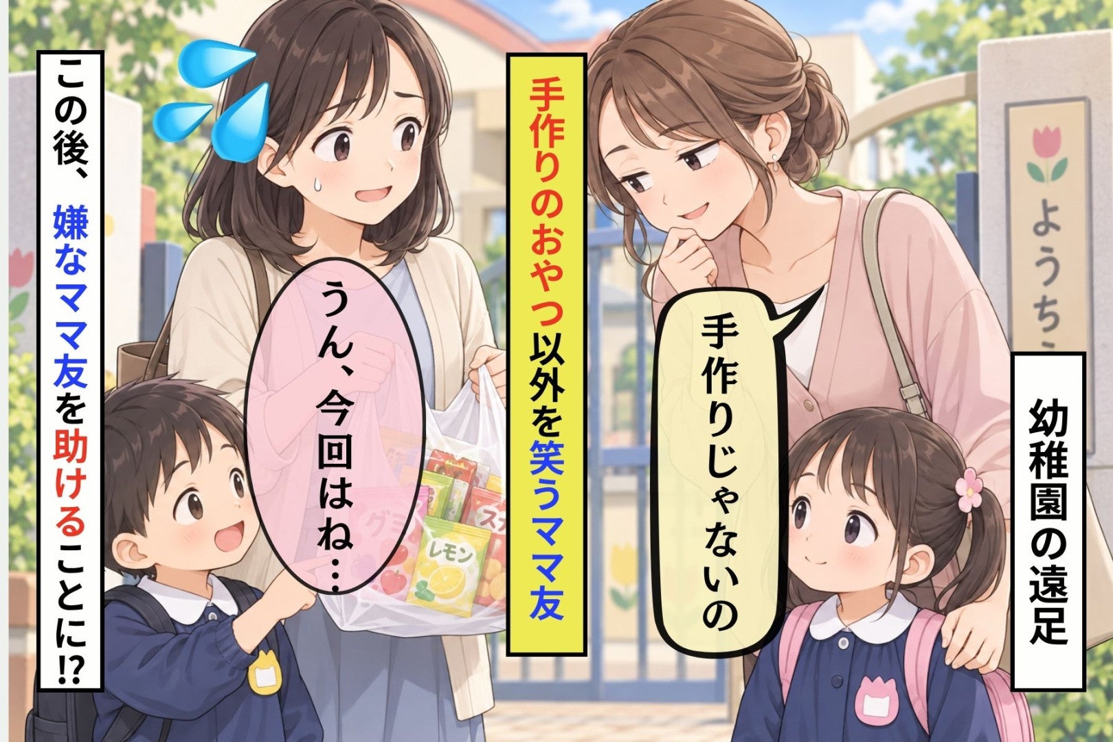 「手作りじゃないの」と親子遠足のおやつを笑ったママ友→バス酔いの帰り道、救ったお菓子