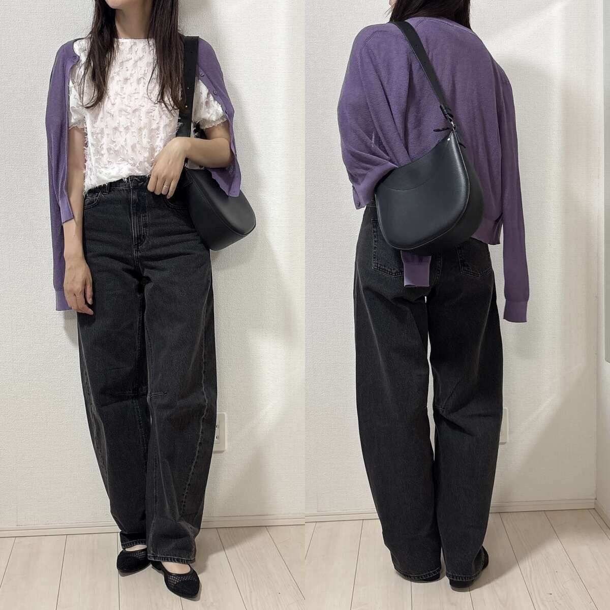GU バレルレッグジーンズ バレルレッグジーンズとホワイトブラウスにカーディガンを肩掛けしたお出かけコーデ
